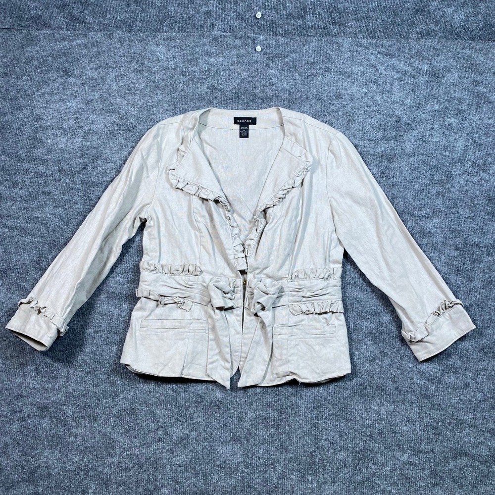 Spense Beige Linen Cotton Ruffle Bow Blazer Jacket Womens Size Medium Career